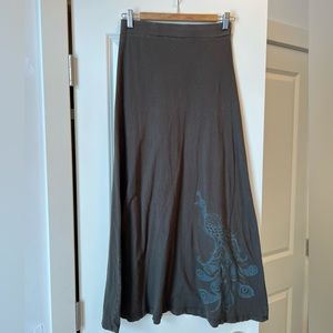 Soul Flower. Size Small. Grey/brown tone with teal peacock detailing maxi skirt.